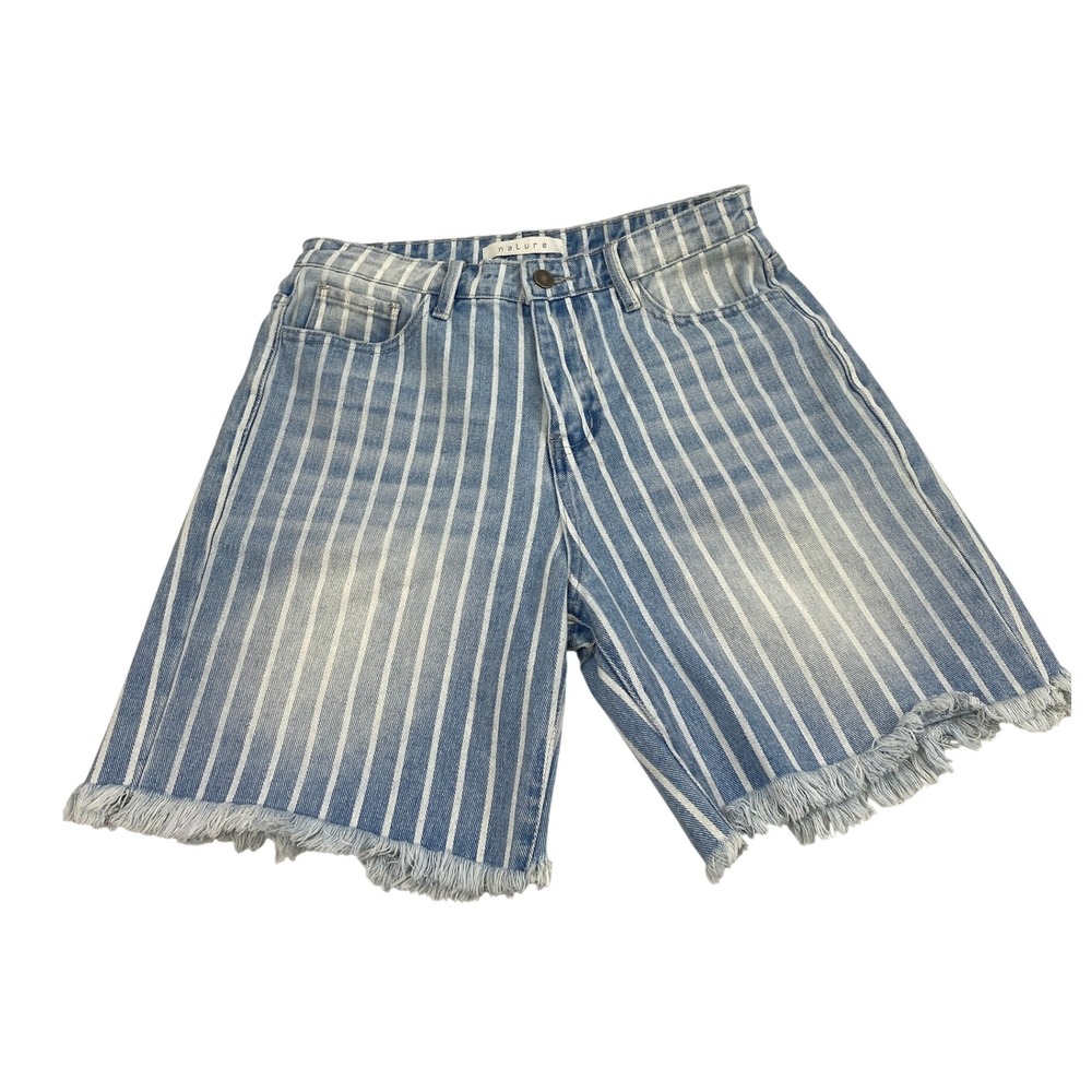 Nature Blue White Striped Jean Shorts Womens‎ XS Hi Rise Light Wash Frayed Denim